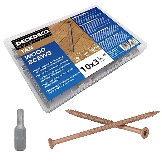 Wood Screws #10 x 3-1/2" 57pcs(Approx), Tan Ruspert Coating Exterior Deck Screws, Torx/Star Drive Flat Head,Twist Shank, Cut Tip/Thread, Bit Included, 1 lb/Box