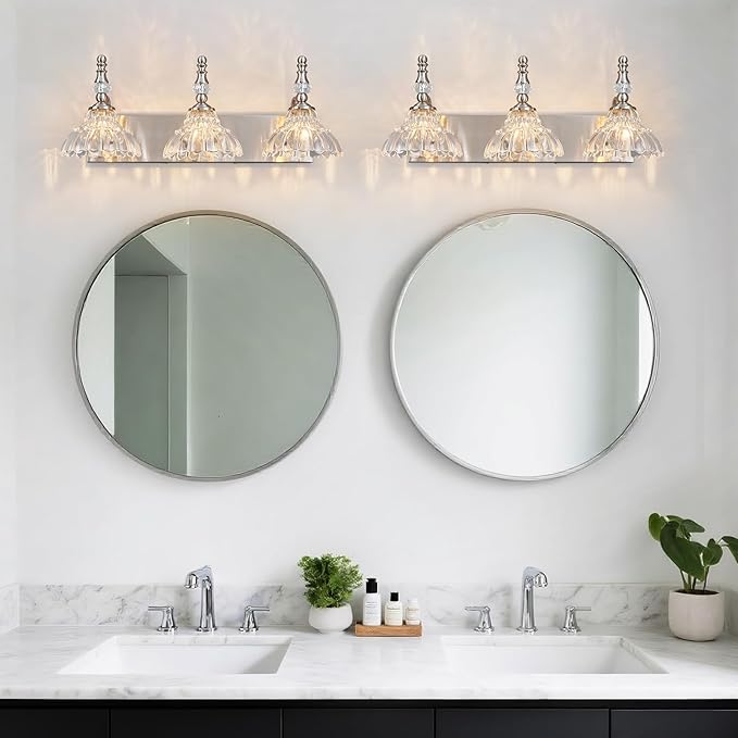 Vintage Bathroom Vanity Light, 3-Light Brushed Nickel Vanity Lighting Fixture with Flower Glass Shade, Bathroom Lighting Fixtures Over Mirror