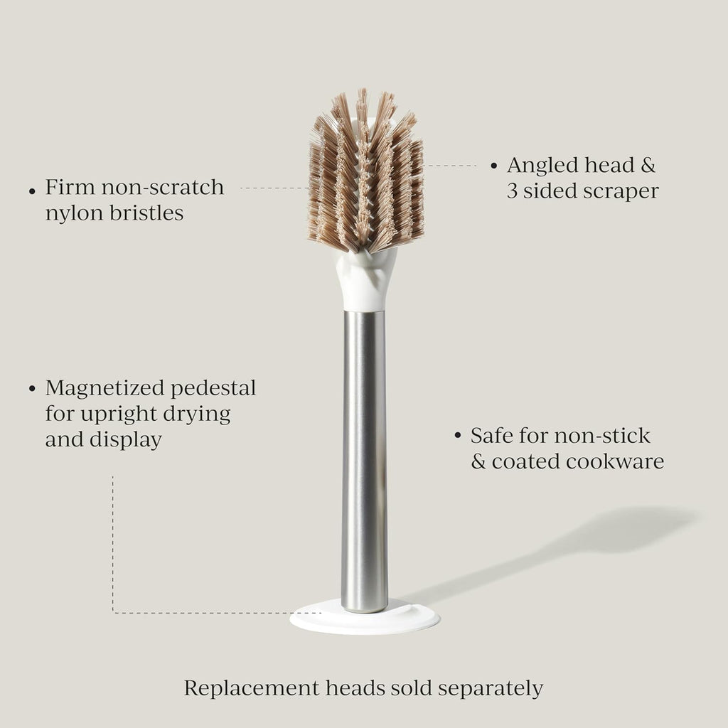 Ionic Dish Brush, Magnetized to Stand Upright, Stainless Steel with Replaceable Head, Silver