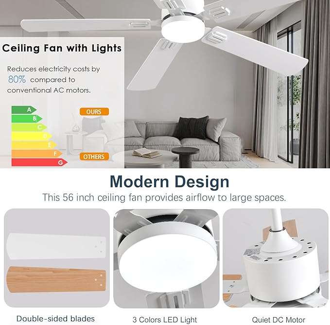 56inch Modern White Ceiling Fans with Lights and Remote/App Control, Dimmable LED, Reversible DC Motor, Noiseless, 6 Speeds Low Profile Ceiling Fan for Livingroom Indoor/Outdoor Use