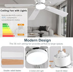 56inch Modern White Ceiling Fans with Lights and Remote/App Control, Dimmable LED, Reversible DC Motor, Noiseless, 6 Speeds Low Profile Ceiling Fan for Livingroom Indoor/Outdoor Use