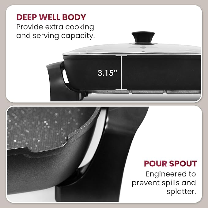 Elite Gourmet EG6203 Extra Deep 16"x13"x3.2" (10.5Qt.) Scratch Resistant, Easy Pour Spout, Dishwasher Safe, Non-stick Electric Skillet with Vented Glass Lid, Adjustable Temperature, Black