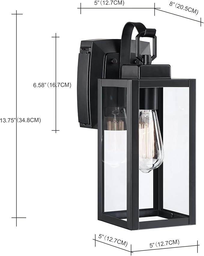 Pia Ricco Outdoor Porch Lights with GFCI Outlet, Matte Black Outside Wall Lantern with Clear Glass Shade, Waterproof Wall Mount Lighting Fixture, Exterior Sconce for House Patio Garage, ETL Listed