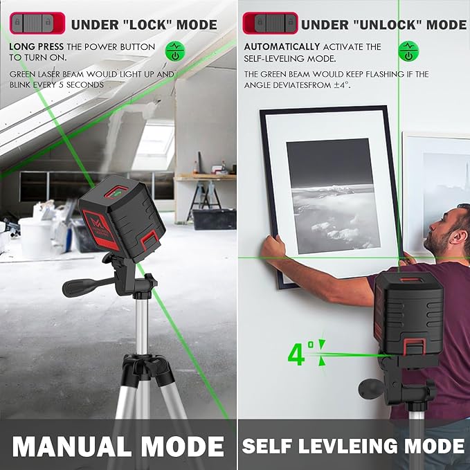 Laser Level with Tripod, 100 feet Green Cross Line Self Rotary Leveling Laser Level, 4 Brightness Adjustment, Manual Self leveling and Pulse Mode,IP54 Waterproof Battery Carrying Bag Included