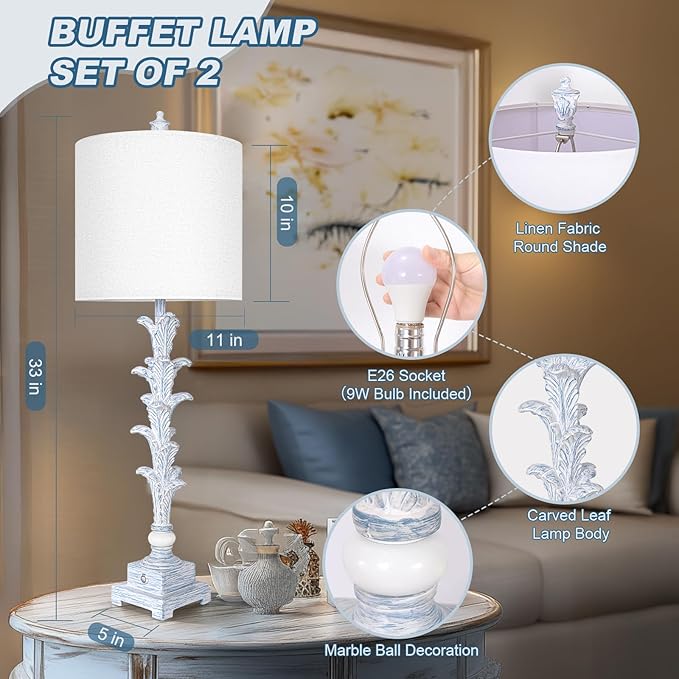 33'' Touch Table Lamp Set of 2 for Living Room , 3-Way Dimmable Buffet Lamps with USB Ports and White Shade, Vintage Farmhouse Bedside Nightstand Lamps for Bedroom Office Study Dinning (Bulb Included)