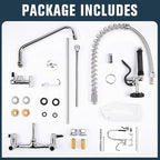 Commercial Faucet with Sprayer, 43 Inch Height Commercial Sink Faucet Wall Mount with 8" Adjustable Center and 12" Add-on Swing Spout & Pull Down Pre Rinse Sprayer