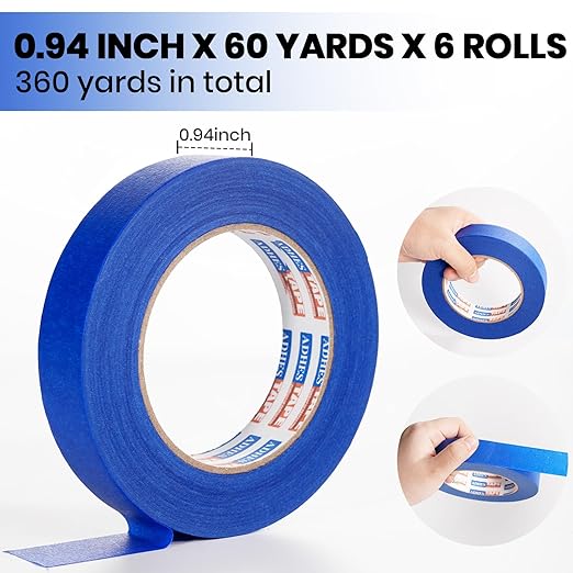 ADHES Upgrade Blue Painters Tape, Masking Tape for Painting 6 Rolls x 0.94 Inch x 60 Yards, Blue Paint Tape No Residue Outdoor Anti UV Multi Surface Use, Total 360 Yards