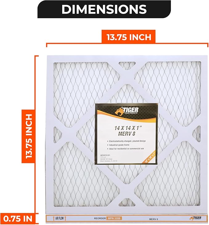 Tiger Tough 14x14x1 MERV 8 MPR 600-800 Air Filter, High-Performance AC Furnace & HVAC Filter, 12-Pack