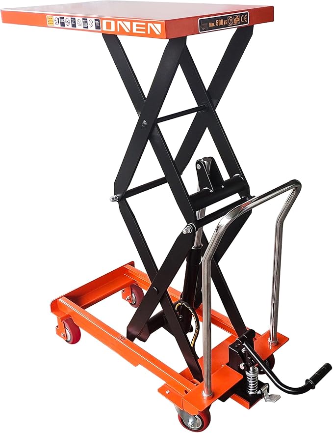 ONEN Hydraulic Scissor X-Frame Lift 1102 LBS Lifting Capacity, 59 in Lifting Height, Manual Scissor Lift Table with 4 Lockable Wheels & Foot Pump, Elevating Hydraulic Cart for Material Handling
