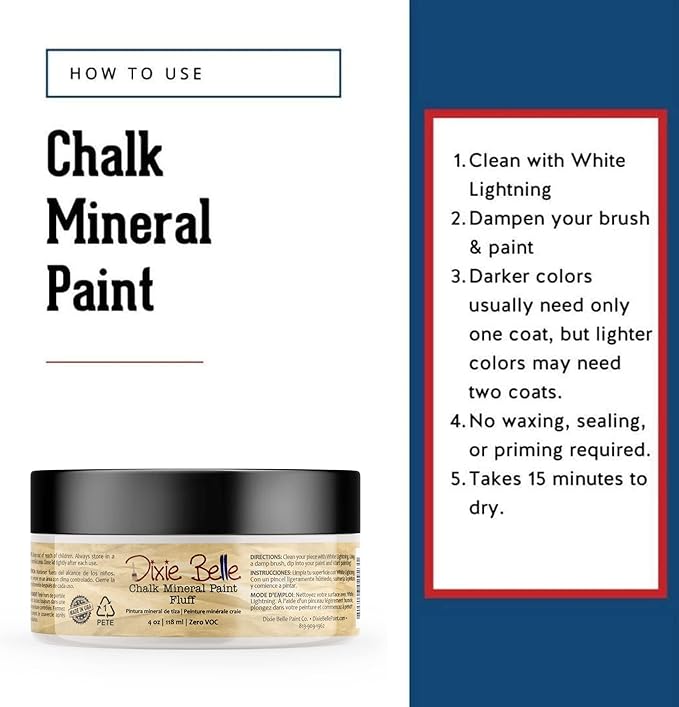 Dixie Belle Paint Company Chalk Finish Furniture Paint - Fluff (4oz) - Matte Soft White Chic Chalk Mineral DIY Furniture Paint