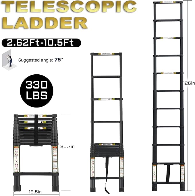 RIKADE Telescoping Ladder 10.5FT & Attic Ladder, Heavy Duty Aluminum with Non-Slip Feet, 330lb Capacity for RV, Attic, Roof & Multi-Surface Use