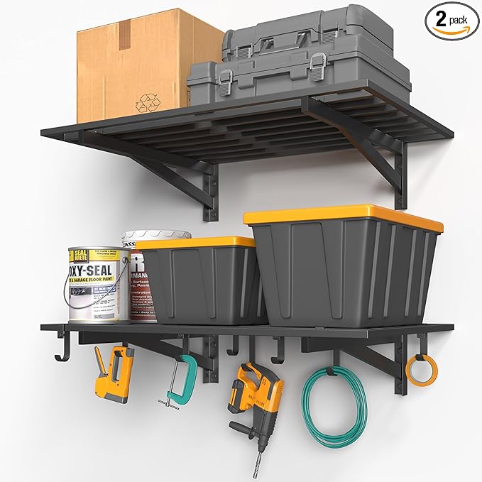 2-Pack 2x3ft Garage Shelving Wall Mounted, 2' x 3' Heavy Duty Garage Storage Shelves with Hooks, 400LB Capacity