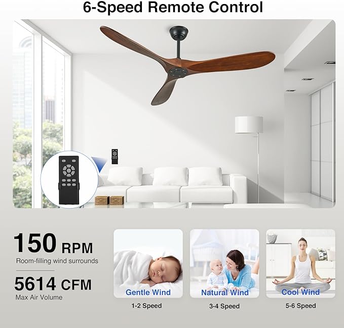 60 Inch Wood Ceiling Fan No Light,ETL Listed Farmhouse Outdoor Ceiling Fans for Patios with Remote,3 Blade Low Profile Windmill Propeller Room Fan with High CFM DC Motor for Exterior Pergola(Walnut)