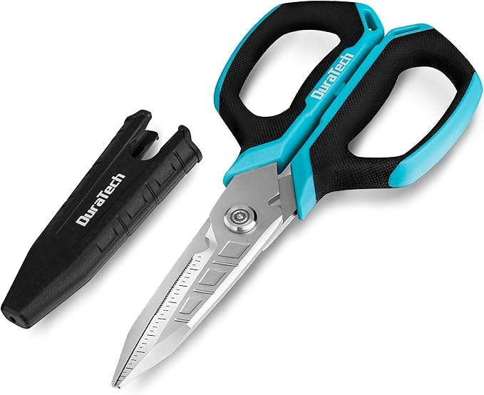 DURATECH 6.5-Inch Compact Electrician Scissors, 4-in-1 Multipurpose Scissors with TPR Comfort Grip, Serrated Blades for Cutting Copper Wire, Carpet, Leather, and Fabric