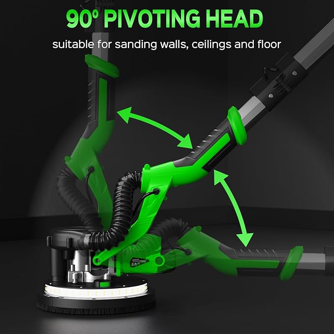 Drywall Sander, 2025 Upgraded 8-Amp Popcorn Ceiling Removal Tool with 7 Variable Speed 800-1800RPM, Drywall Sander with Vacuum Dust Collector with Extendable Handle, LED Light, 12pcs Sanding Discs