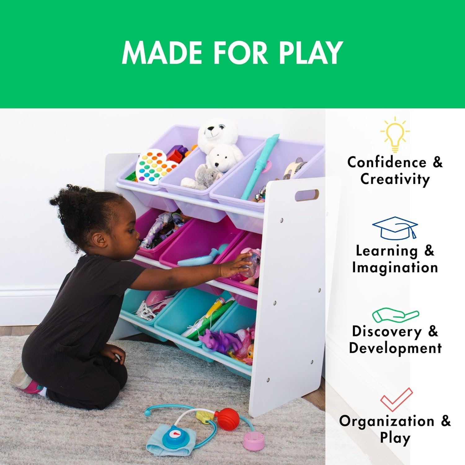 Humble Crew 9-Bin Toy Organizer – Forever Natural White/Pink/Purple/Aqua Plastic Bins, 3-Tier Storage Solution for Kids' Playrooms and Nurseries