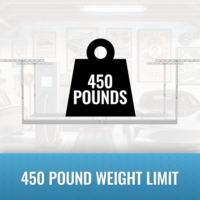 MonsterRax Overhead Garage Storage Racks 3x8’ (2-Pack) Ceiling Mounted Shelving, Adjustable Hanging Organizer, Heavy Duty Steel, Holds 500 Pounds, Color: White, Adjustable from 24"-45" off the Ceiling