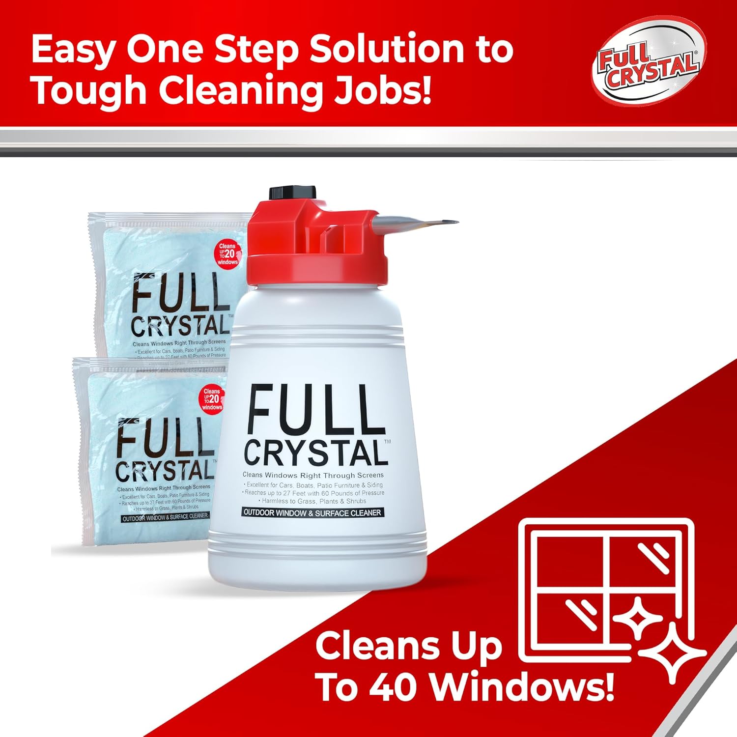 Full Crystal Window Cleaning Kit- 8 oz Glass Cleaner and Bottle with 27ft Reach will clean up to 40 Windows- Scrub Free, Rinse Free Glass Cleaner Spray Removes Dirt, Grime and Water Deposits