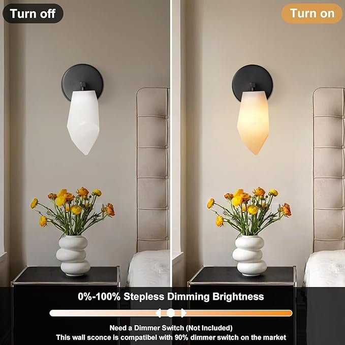 Alabaster Wall Sconce, Spanish Marble Wall Light, Modern Wall Sconce for Bathroom, Hardwired Wall Lighting for Living Room, Wall Lamp for Bedroom Hallway Stairs, Black