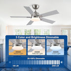 42 Inch Ceiling Fans with Lights and Remote, Brushed Nickel Ceiling Fan, 6 Speed Reversible DC Motor, 3CCT Dimmable LED, Modern Design for Bedroom, Living room & Covered Outdoor,Includes Downrod