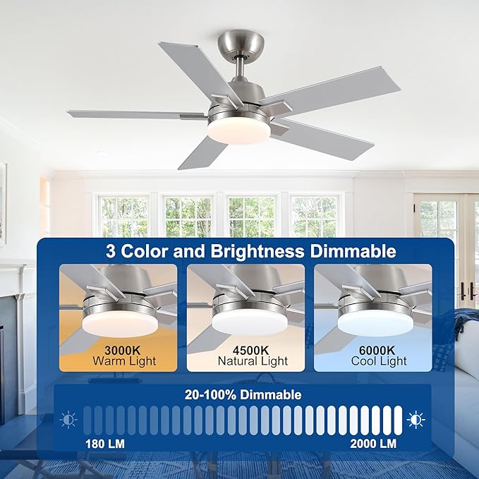 42 Inch Ceiling Fans with Lights and Remote, Brushed Nickel Ceiling Fan, 6 Speed Reversible DC Motor, 3CCT Dimmable LED, Modern Design for Bedroom, Living room & Covered Outdoor,Includes Downrod