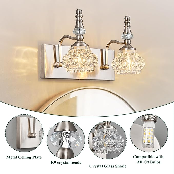 Modern Glass Crystal Vanity Light - Vintage Bathroom Lighting Fixtures Over Mirror, 2 Light Vanity Lights G9 Bulb (11.81 Inch, Nickel)