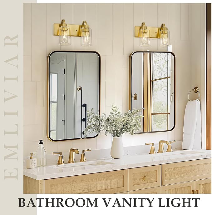 Emliviar 2-Light Brushed Gold Vanity Light, Modern Farmhouse Bathroom Light Fixture, Indoor Wall Sconce Lighting for Bedroom Entryway, YCE237B-2W BG