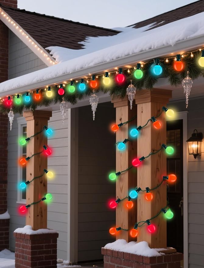 Abeja 25 Pack G40 Multicolor Ceramic Enamel Bulbs, G40 Globe Christmas Replacement Bulbs for Outdoor Patio String Lights, Shatterproof Round Christmas Light Bulbs, E12/C7 Candelabra Base, 5 Watt