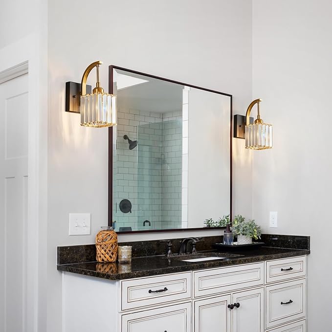 Wall Sconces, Set of 2 Black Gold Crystal Vanity Lights, Modern Wall Lamp for Bathroom, Hallway, and Makeup, Easy Installation