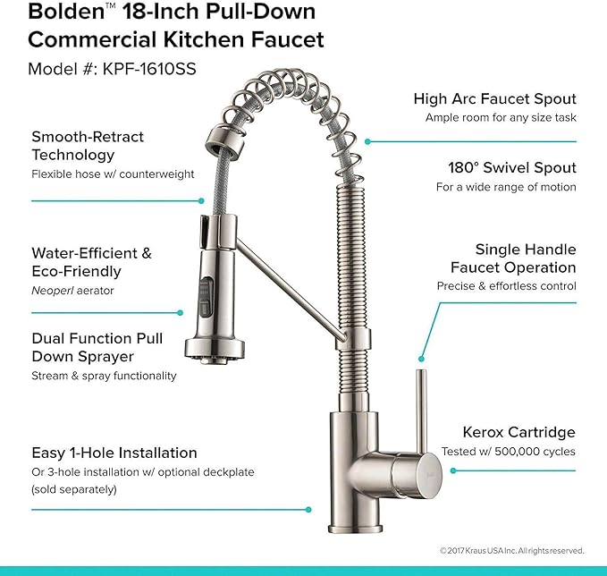 KRAUS Bolden Commercial Style 2-Function Single Handle Pull Down Kitchen Faucet in Stainless Steel, KPF-1610SS