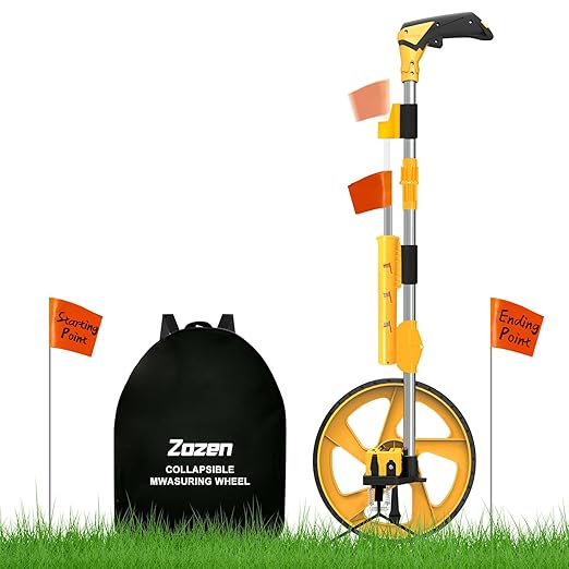Zozen Distance Measuring Wheel in Feet and Inches, with 20pc Marking Flags and Flags Holder, Collapsible Measure Wheel - Imperial Industrial with Big Kickstand to Keep Stand, Include Backpack.