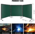 3-Panel 6x6ft Flame-Resistant Welding Screen with Lockable Wheels - Transparent PVC Welding Curtain & Steel Frame, Green Safety Partition for Workshops/Garages