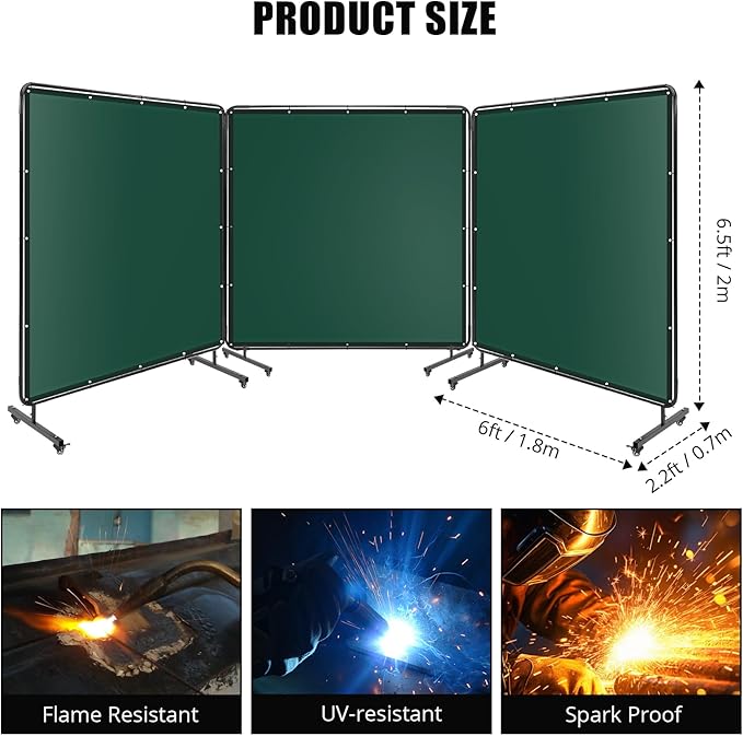 3-Panel 6x6ft Flame-Resistant Welding Screen with Lockable Wheels - Transparent PVC Welding Curtain & Steel Frame, Green Safety Partition for Workshops/Garages