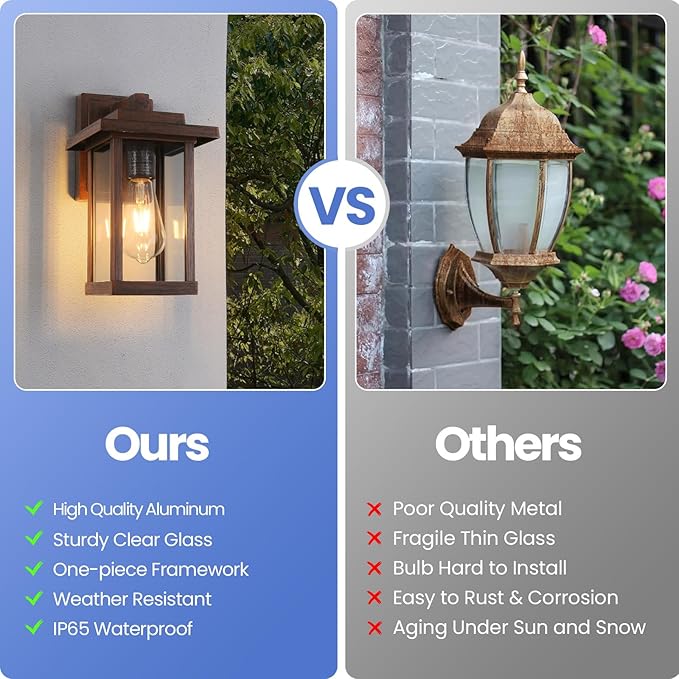 Outdoor Wall Sconce, Outside Porch Light Fixtures, Anti-Rust Exterior Wall Lights in Brown Finish with Clear Glass for Garage Doorway Entryway, 2 Pack