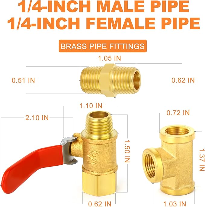 GASHER 6PCS 1/4 Inch NPT Brass Pipe Fitting, Ball Valve, Barstock Tee Brass Pipe Fitting and Air Hose Fitings