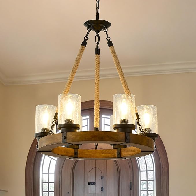 Rustic 6 Light Wagon Wheel Chandelier, Round Wood Pendant Light with Seeded Glass Shade, Farmhouse Chandeliers for Dining Room Kitchen Island Foyer Entryway