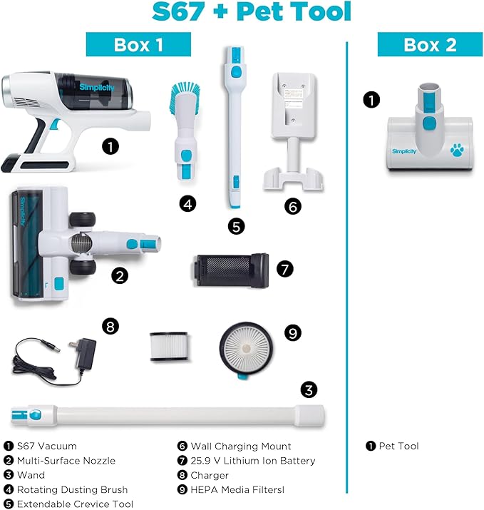 Simplicity Vacuums S67 Pet Bundle, Cordless Stick Vacuum Cleaner and Motorized Pets Upholstery Tool, Tackle Dog Hair and More on Hard Floor, Rugs, Couch, and Stairs, 3 Speed Power, Light Weight Vacuum