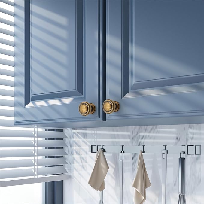 Amerdeco 10 Pack Antique Brass Cabinet Knobs Single Hole Cabinet Pulls 1 Inch Drawer Knobs for Bathroom Cabinets ZH0086