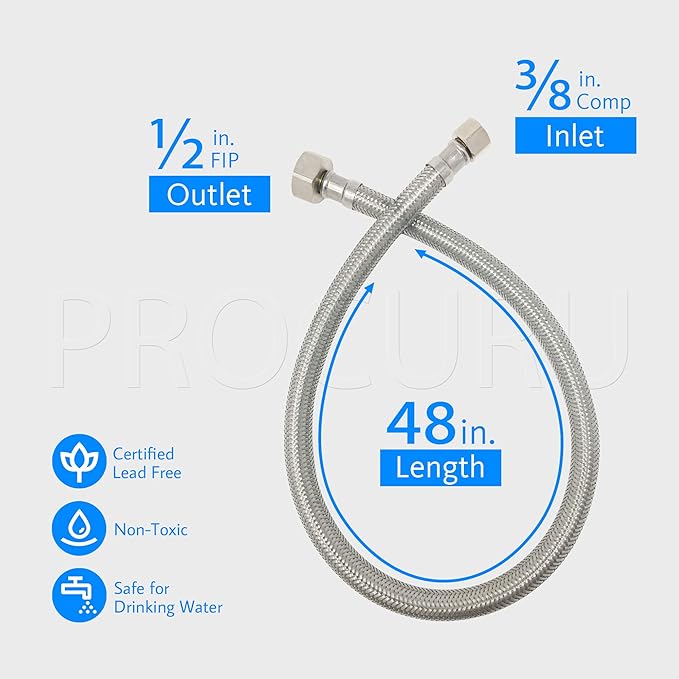 [4-Pack] PROCURU 48" (4Ft) Faucet Supply Line Connector, 3/8"C x 1/2"F Braided Stainless Steel (9SF48-4P)