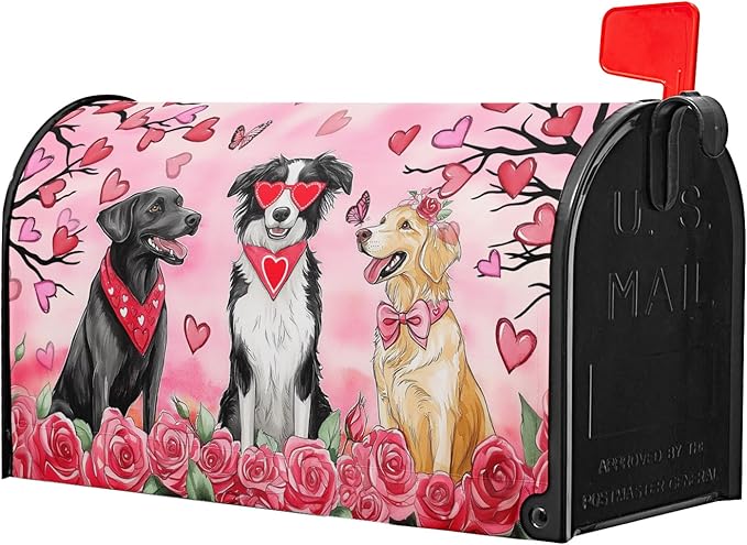 Kawani Valentine's Day Magnetic Mailbox Covers Pink Rose Heart and Dog Mailbox Covers Magnetic Standard Size 25.5x21 Inch Holiday Post Letter Box Cover for Anniversary Wedding Garden Yard Decor