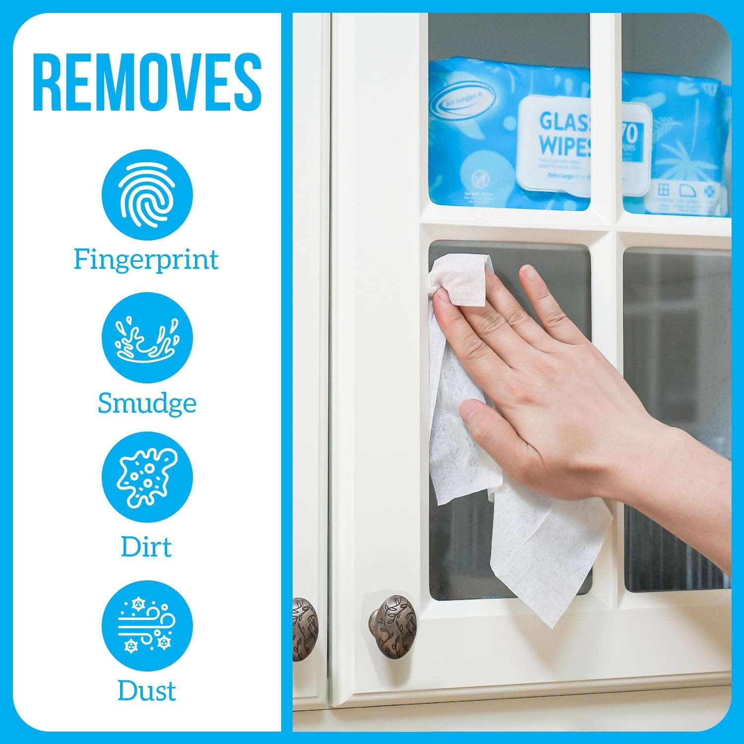 Air Jungles Glass and Window Cleaner Wipes 70 Count, Extra Large 8" x 10" Size Streak Free Cleaning Wipes for Car Windshield, Headlight, Mirror, Tile and Home Glass Surface