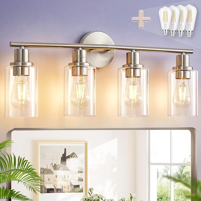 DLLT 4-Light Bathroom Light Fixtures: Nickel Modern Vanity Lights with E26 Bulbs - Clear Glass Shade Bathroom Wall Lamp for Mirror Kitchen Living Room Hallway Cabinet Porch