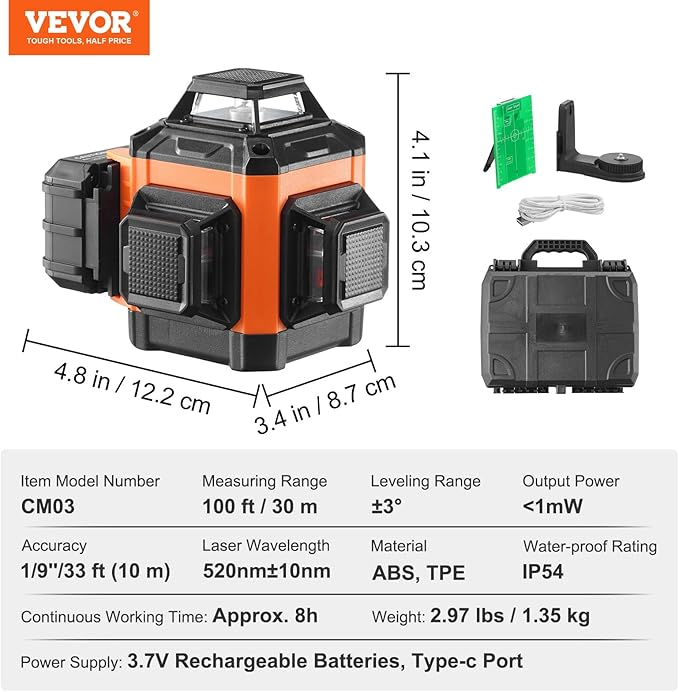 VEVOR 100ft Self Leveling Laser Level, Manual Green 3 x 360° Cross Line Laser, Manual Self-leveling Mode 12 Lines Laser, IP54 Waterproof 8h Continuous Working Time Line Laser
