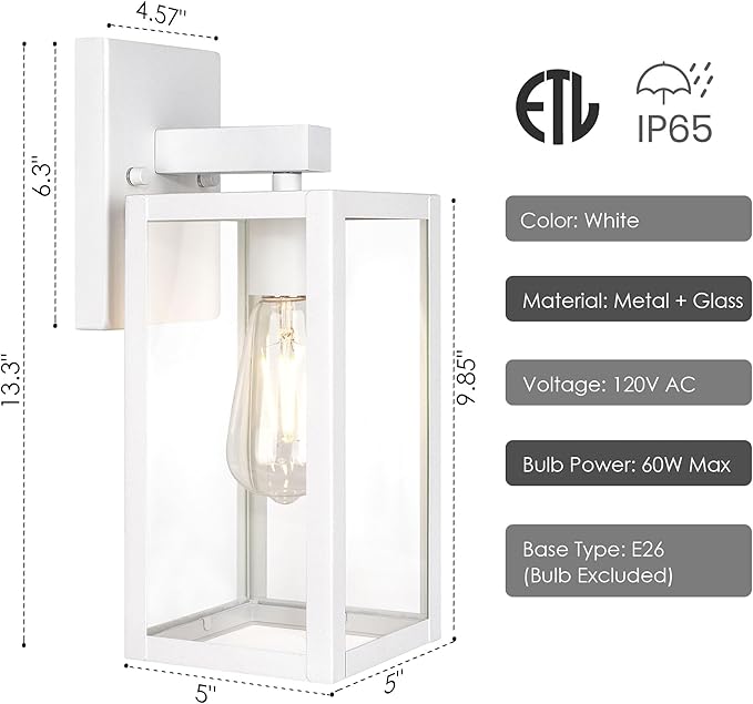 GRUENLICH Waterproof Large Outdoor Wall Lanterns, Modern White Porch Sconces with Clear Glass Shade, E26 Socket Max 60W, IP65 Rated, Metal Frame, for Patio, Front Door, Entryway, 2-Pack