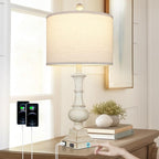 26" Farmhouse Table Lamp, Vintage Rustic Touch Control Bedside Lamp with 2 USB Ports & AC Outlet, Boho Resin 3-Way Dimmable Nightstand Lamp Linen Fabric Shade for Living Room Bedroom End Table White