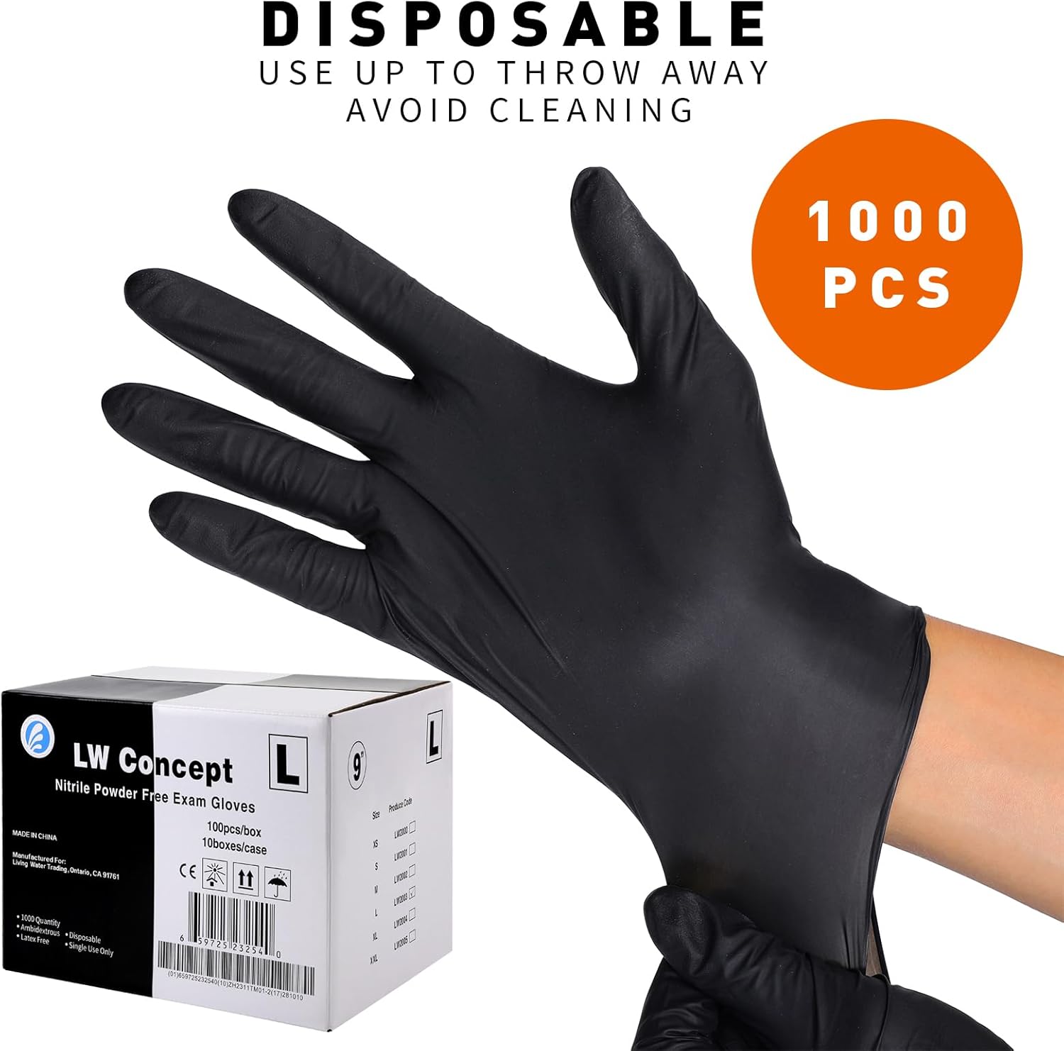 LW Concept - Black Nitrile Gloves - Latex & Powder-Free, Disposable, Strong, Food Handling