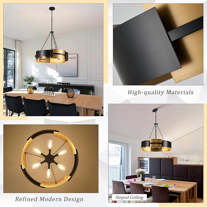 Modern Chandelier 24" Black Gold Industrial Drum Light Fixture 6-Light Metal Hanging Chandelier for Living Dining Room Foyer Entryway Kitchen