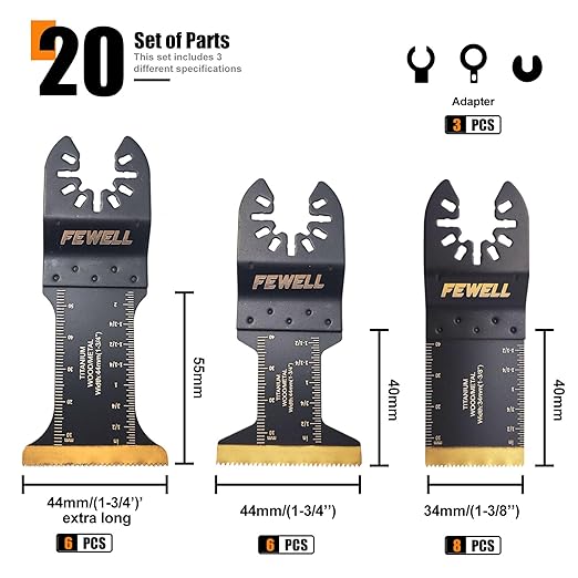FEWELL 20PCS Titanium Oscillating Saw Blades, Universal Multitool Blades for Hard Materials, Metal, Wood, Plastic, Nails Fits Most Tools