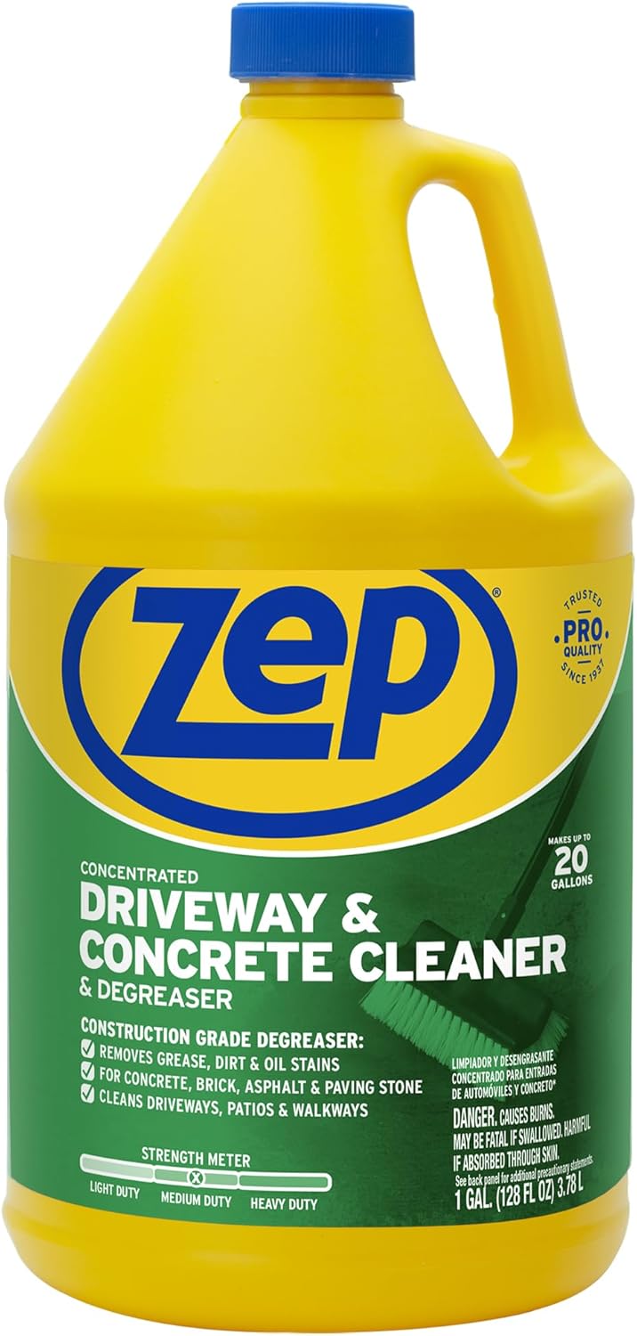 Zep Driveway, Masonry and Concrete Cleaner and Degreaser Concentrate - 1 Gallon (Case of 4) ZUCON128 - Construction Grade Degreaser Removes Grease, Dirt, and Oil Stains on Concrete, Brick, Asphalt,