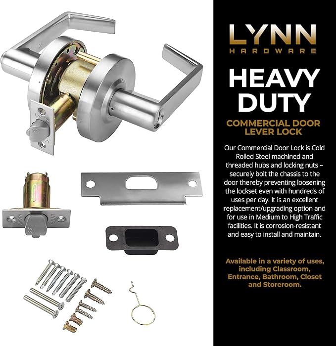 LYNN HARDWARE Commercial Door Lever Lock - Heavy-Duty Locking Door Handle, Designer Door Handles, Cylindrical Lever Lock, Non-Handed Grade 2 Door Handle, Satin Chrome, Privacy/Bathroom Function